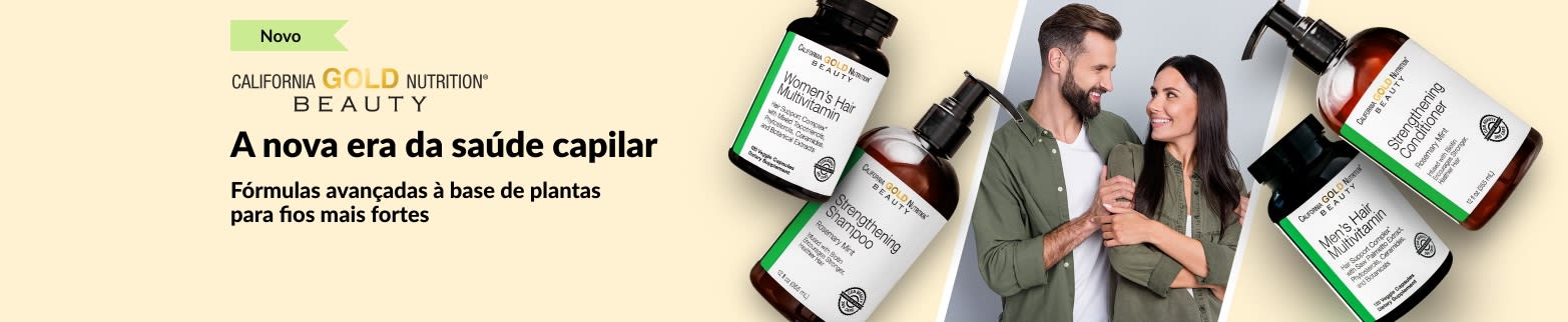 Linha de cuidados com os cabelos da California Gold Nutrition Beauty com vitaminas, shampoo e condicionador que promovem a saúde do couro cabeludo e dos fios.