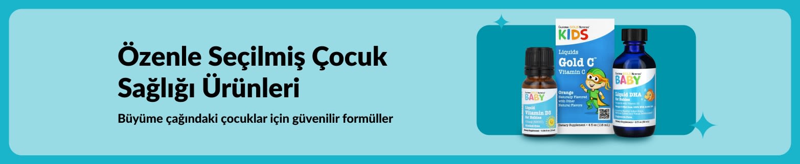 Büyüyen çocukları desteklemek için özenle seçilmiş, yüksek kaliteli formüllere sahip çocuk sağlığı takviyelerini gösteren banner