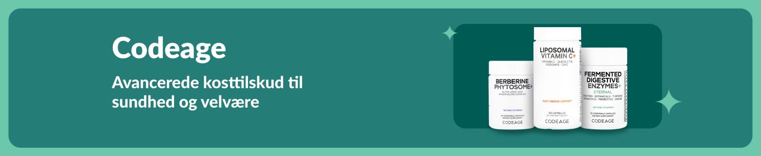 Codeage-banner med avancerede kosttilskud, herunder berberinfytosom, liposomalt C-vitamin og fordøjelsesenzymer.
