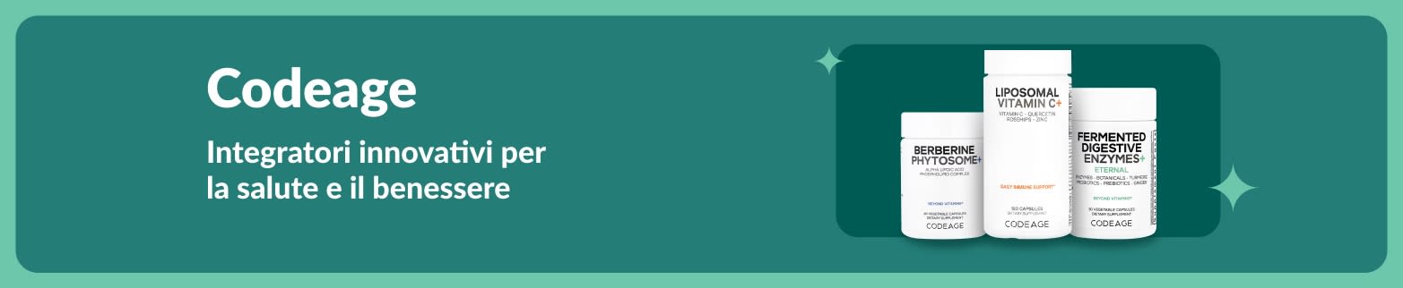 Banner Codeage con integratori alimentari, tra cui berberina fitosoma, vitamina C liposomiale ed Enzimi digestivi.