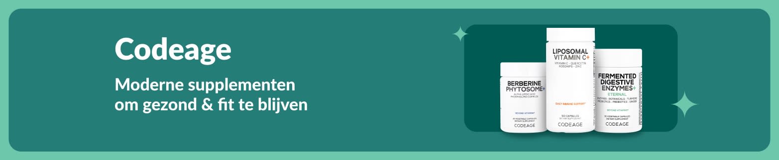 Codeage banner met geavanceerde gezondheidssupplementen, waaronder Berberine Phytosome, Liposomale Vitamine C en spijsverteringsenzymen.