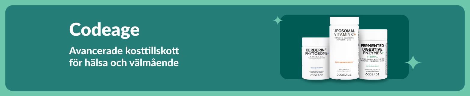 Codeage-banner med avancerade hälsotillskott inklusive berberinfytosom, liposomalt C-vitamin och matsmältningsenzymer.
