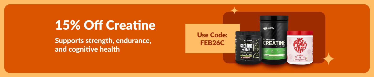 Banner offering 15% off creatine supplements with code FEB26C, supports strength, endurance, and cognitive health.