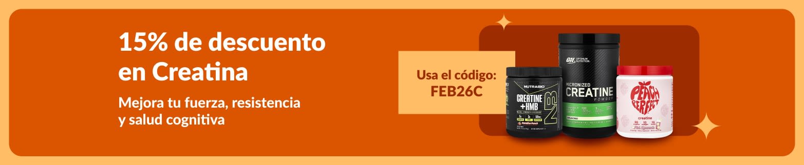 Banner con 15% de descuento en suplementos de creatina usando el código FEB26C, beneficios para fuerza, resistencia y salud cognitiva.