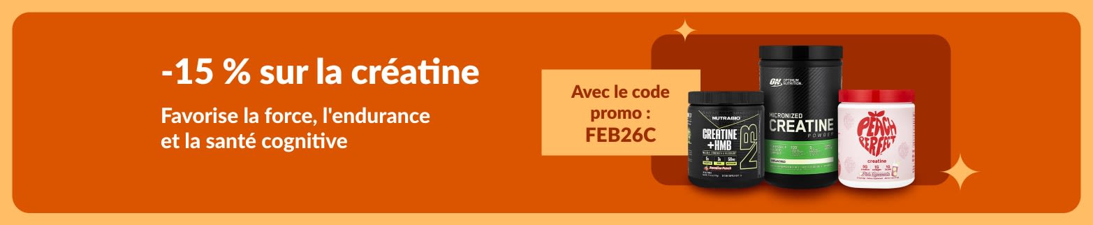 Bannière offrant 15 % de réduction sur les compléments alimentaires à base de créatine avec le code FEB26C. Favorise la force, l'endurance et la santé cognitive.