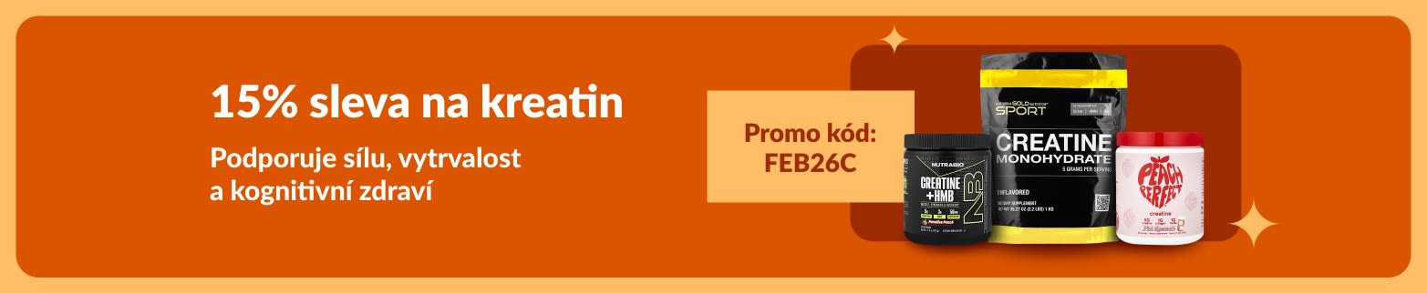 Banner nabízející 15% slevu na kreatinové doplňky s kódem FEB26C. Podpora síly, vytrvalosti a kognitivního zdraví.