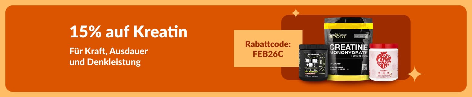 Banner mit dem Code FEB26C 15% Rabatt auf Kreatinpräparate, die Kraft, Ausdauer und kognitive Gesundheit fördern.