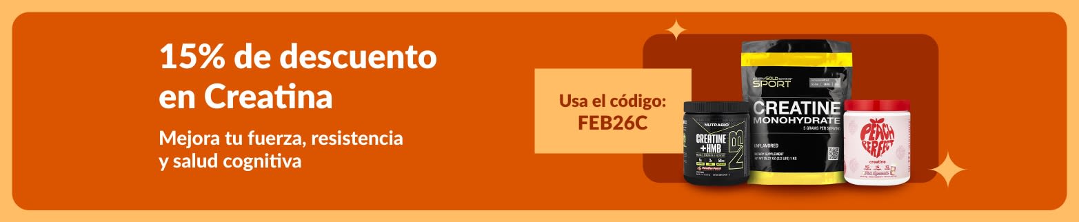 Banner con 15% de descuento en suplementos de creatina usando el código FEB26C, beneficios para fuerza, resistencia y salud cognitiva.