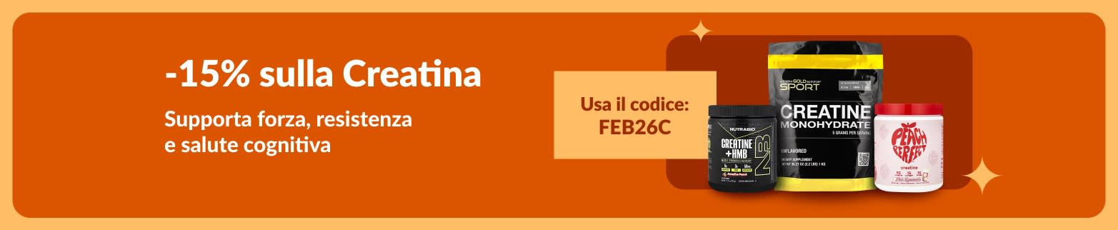 Banner che offre uno sconto del 15% sugli integratori di creatina con il codice FEB26C; il testo indica che il prodotto supporta forza, resistenza e salute cognitiva.