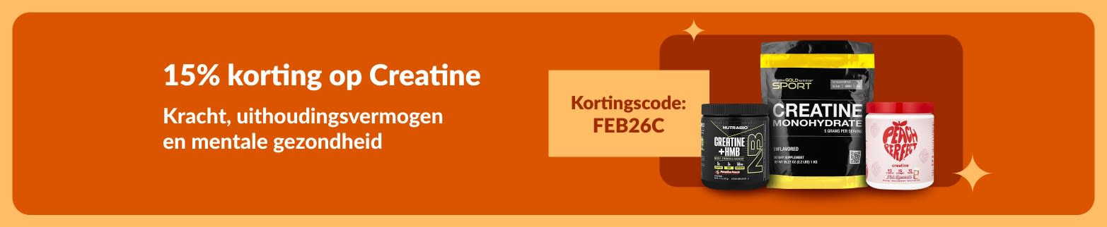 Banner met 15% korting op creatine supplementen met code FEB26C, ter ondersteuning van kracht, uithoudingsvermogen en cognitieve gezondheid.
