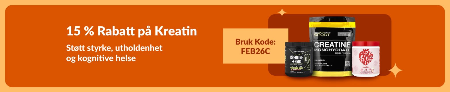 Banner som tilbyr 15 % rabatt på kreatintilskudd med koden FEB26C, støtter styrke, utholdenhet og kognitiv helse.