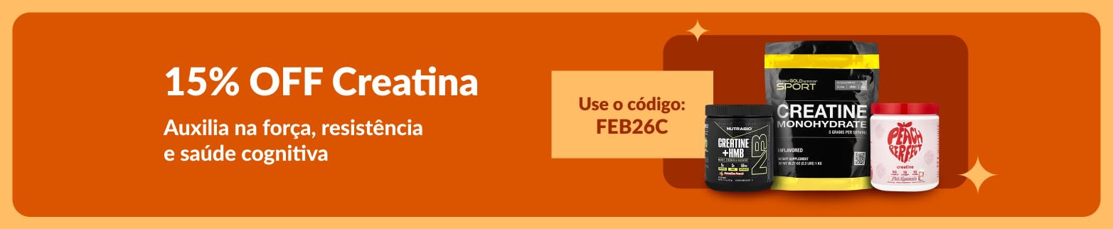 Banner oferecendo 15% OFF em suplementos de creatina com o código FEB26C, que auxiliam na força, resistência e saúde cognitiva.