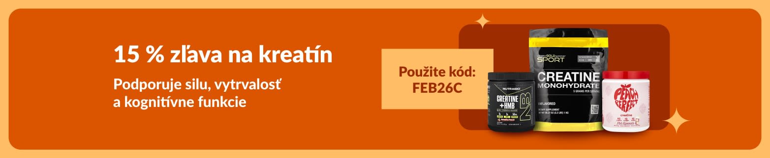 Banner ponúkajúci 15 % zľavu na kreatínové doplnky s kódom FEB26C, podporujúce silu, vytrvalosť a kognitívne zdravie.