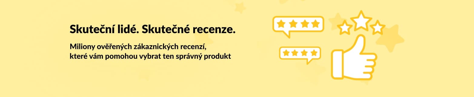 Banner s ikonami palce nahoru a hvězdiček propagující ověřené zákaznické recenze, zdůrazňující skutečné názory na produkty.