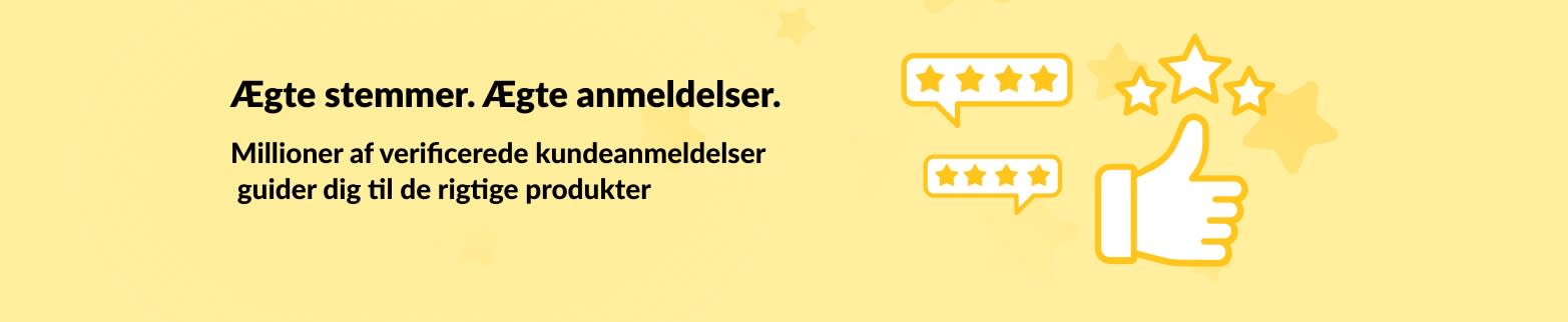 Banner med tommelfingeren opad og stjerneikoner, der promoverer verificerede kundeanmeldelser, fremhæver ægte stemmer og produktvejledning.