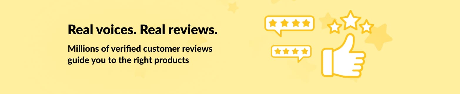 Banner with thumbs up and star icons promoting verified customer reviews, highlighting real voices and product guidance.