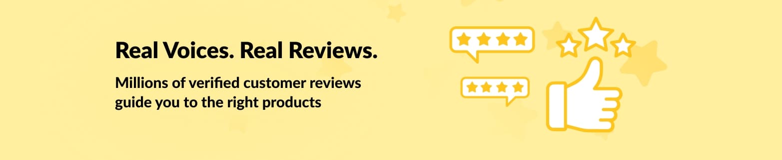 Banner with thumbs up and star icons promoting verified customer reviews, highlighting real voices and product guidance.