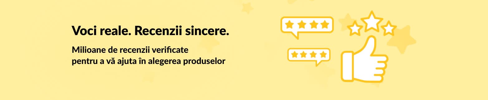 Banner cu thumbs up și steluțe ce promovează recenzii verificate, cu opinii reale și sfaturi despre produse.