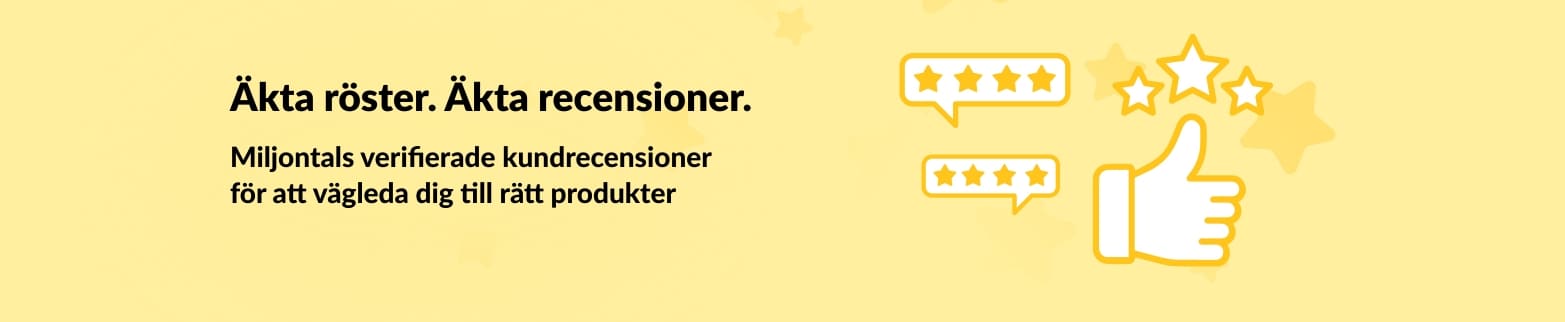 Banner med tummen upp- och stjärnikoner som marknadsför verifierade kundrecensioner, med fokus på äkta röster och produktvägledning.