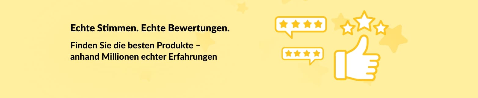 Banner mit Daumen-hoch- und Stern-Symbolen, das verifizierte Kundenbewertungen bewirbt und echte Meinungen und Produktempfehlungen hervorhebt.