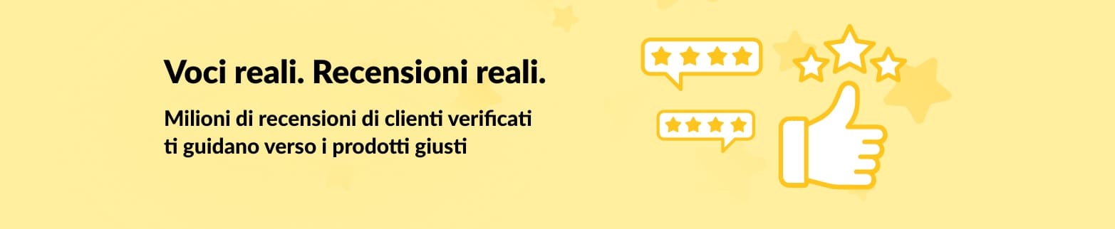Banner con icone di pollice in su e stelle che promuovono recensioni di clienti verificati, mettendo in evidenza opinioni reali e consigli sui prodotti.