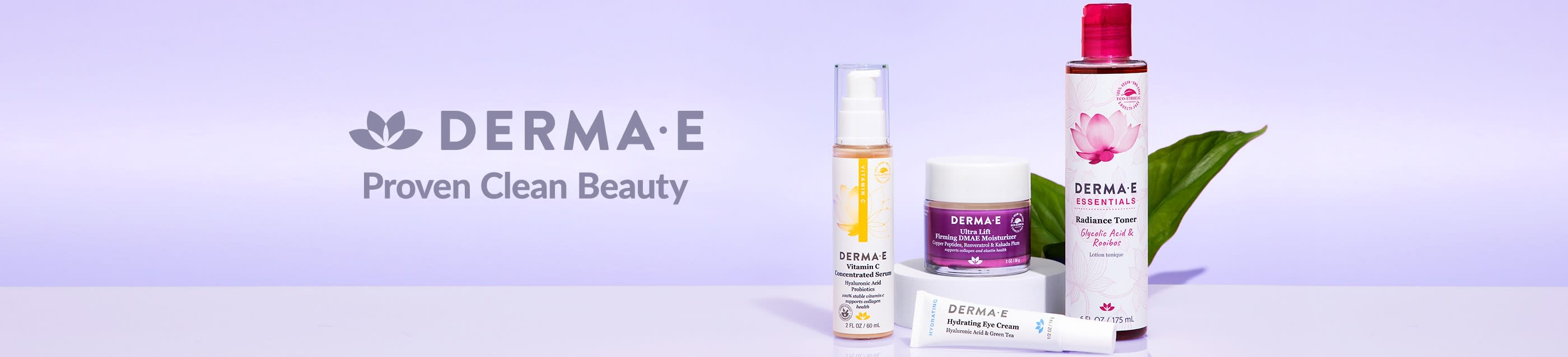 DERMA E banner showcasing clean beauty products including Vitamin C serum, eye cream, moisturizer, and toner.