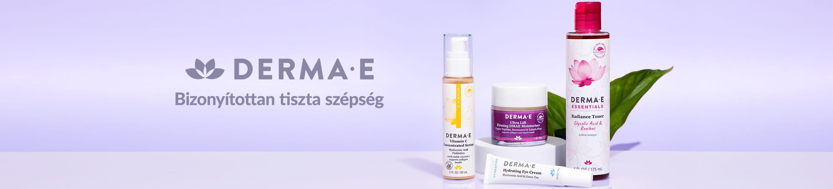 DERMA E banner showcasing clean beauty products including Vitamin C serum, eye cream, moisturizer, and toner.