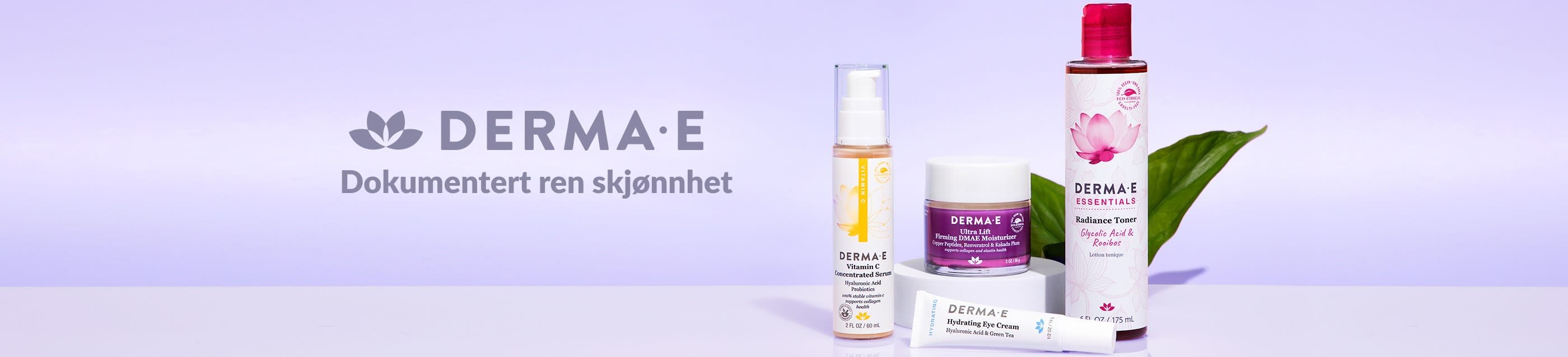 DERMA E-banneret viser rene skjønnhetsprodukter, inkludert C-vitaminserum, øyekrem, fuktighetskrem og ansiktsvann.