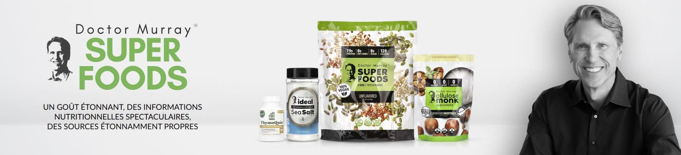 Logo Dr. Murray Super Foods, produits et portrait du Dr Murray en noir et blanc.