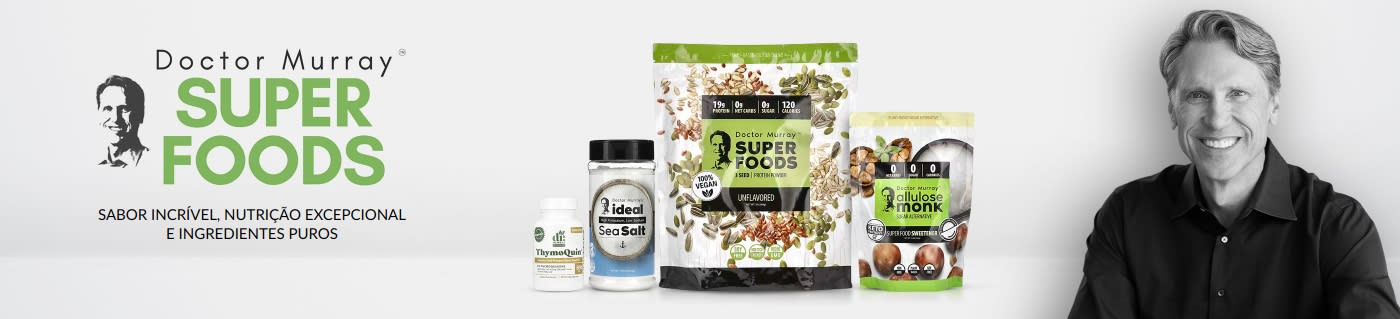 Logotipo da Dr. Murray Super Foods, produtos e um retrato em preto e branco do Dr. Murray.