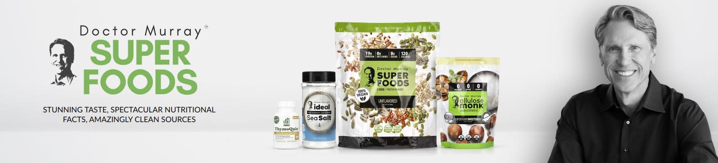 Dr. Murray Super Foods Logo, Products, and a black and white portrait of the doctor
