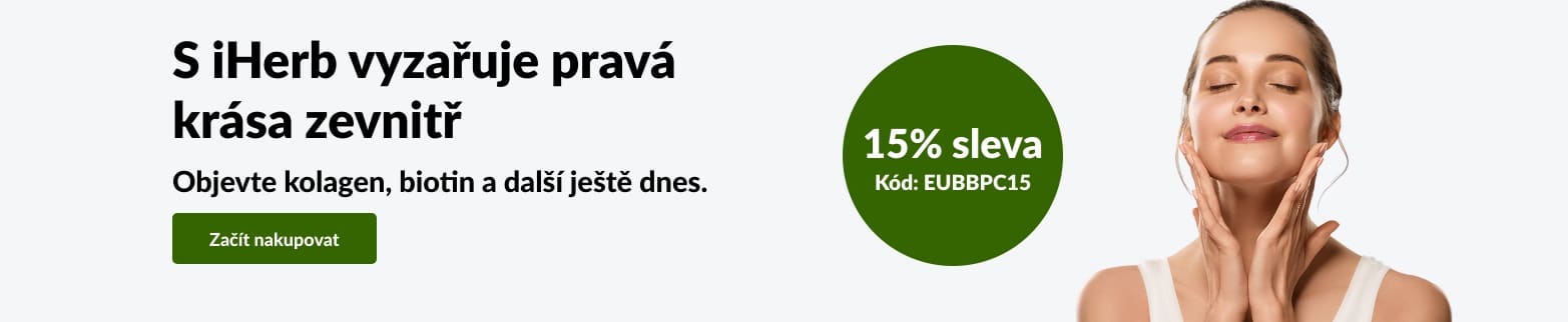 Reklamní banner iHerb na péči o pleť s ženou dotýkající se obličeje. Sleva 20 % na kolagen, biotin a další s kódem EUBBPC15.