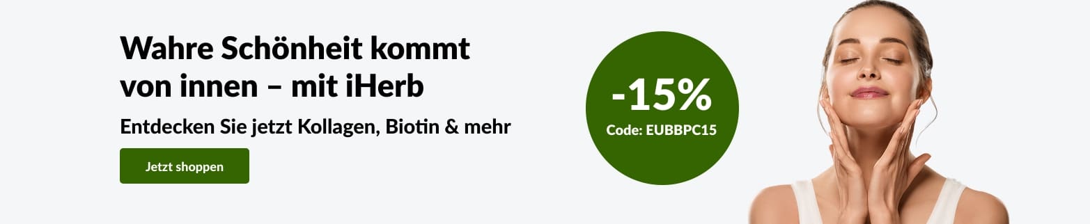 iHerb-Werbung für Hautpflege. Frau berührt ihr Gesicht. 15% Rabatt auf Kollagen, Biotin u.v.m. Code: EUBBPC15