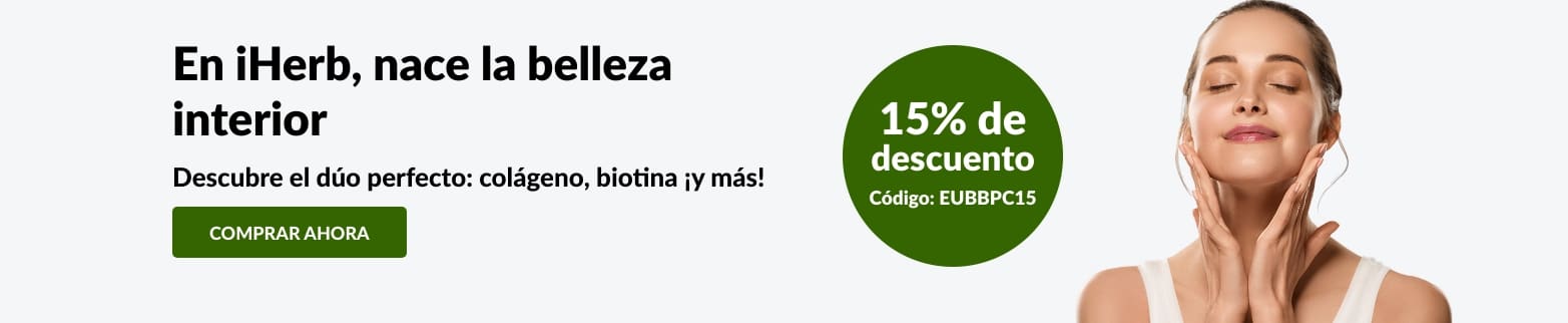Anuncio de iHerb sobre el cuidado de la piel: 15% de descuento en colágeno, biotina y otros productos. Código: EUBBPC15.
