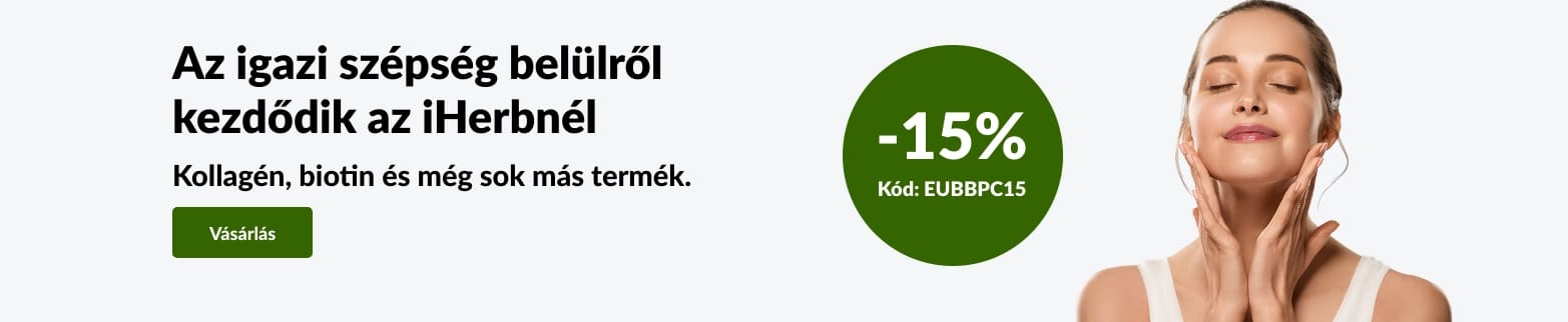 iHerb bőrápolási hirdetés egy nővel, aki megérinti az arcát. 15% kedvezmény kollagénre, biotinra és más termékekre az EUBBPC15 kóddal.