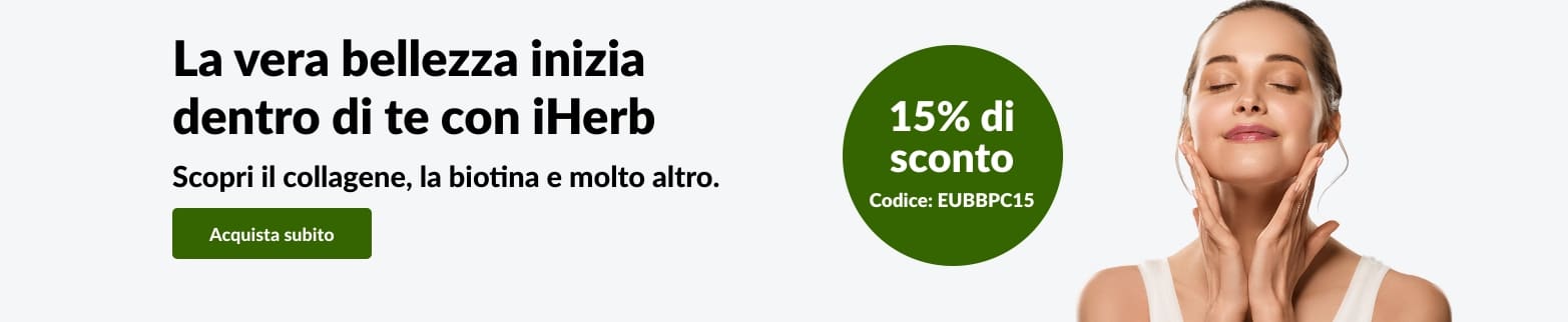 Pubblicità di iHerb per la cura della pelle con una donna che si tocca il viso. Offre il 15% di sconto su collagene, biotina e altro con il codice EUBBPC15.