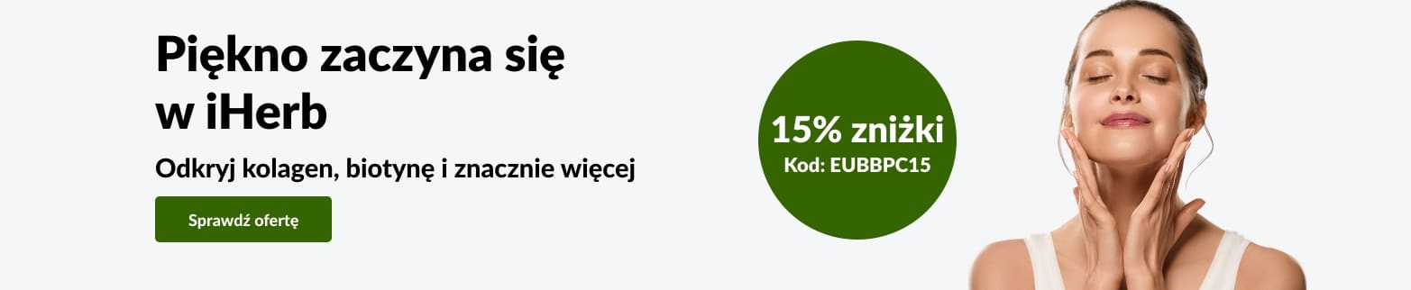 Reklama kosmetyków iHerb z kobietą dotykającą twarzy, oferująca 15% zniżki na kolagen, biotynę i inne produkty z kodem EUBBPC15.