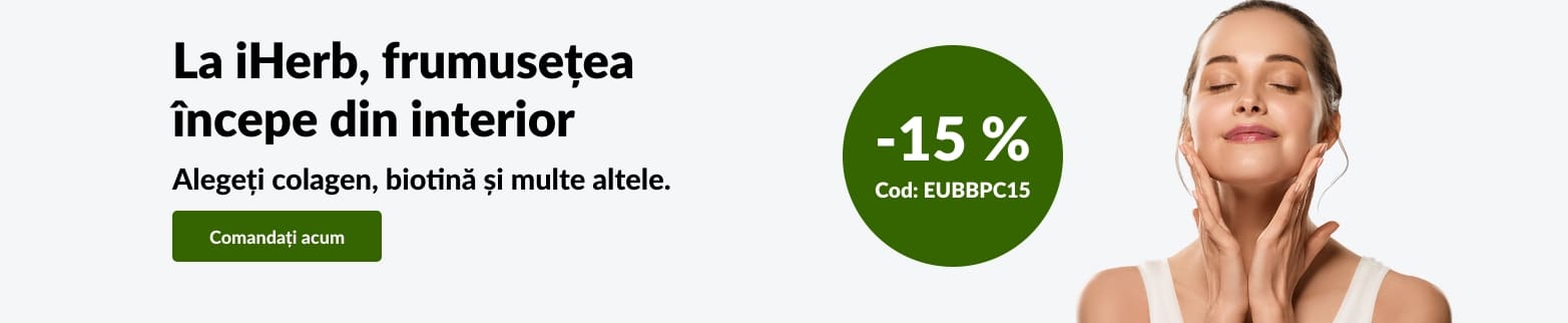 Reclamă iHerb la categoria frumusețe cu o femeie ce își atinge fața. -15% la colagen, biotină și altele cu codul EUBBPC15.