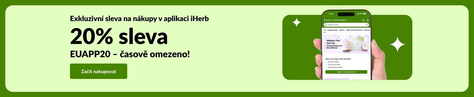 Banner propagující exkluzivní 20% slevu na nákupy v aplikaci iHerb s QR kódem a promo kódem EUAPP20.