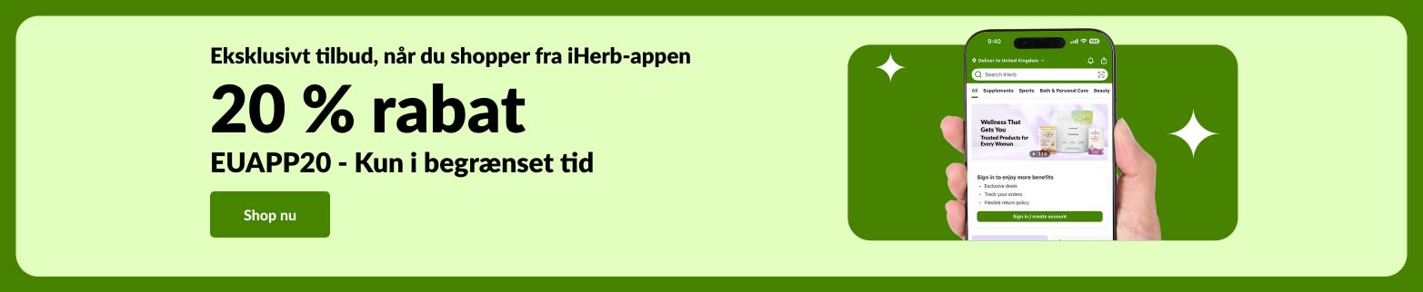 Banner med eksklusivt tilbud i iHerb-appen, der viser 20 % rabat med QR-kode og rabatkode EUAPP20.