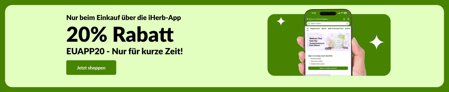 Werbebanner der exklusiven iHerb-App-Aktion zeigt 20% Rabatt mit dem QR-Code und dem Rabattcode EUAPP20.