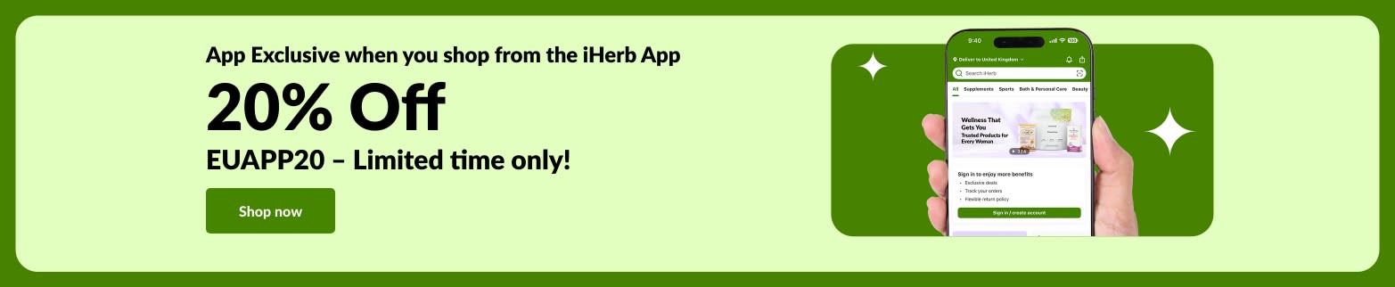 iHerb app exclusive savings banner showing 20% off with QR code and promo code EUAPP20.