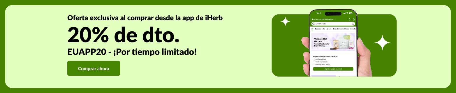 Banner de iHerb de ahorros exclusivos en la app, mostrando un 20% de descuento con un código QR y el código EUAPP20.