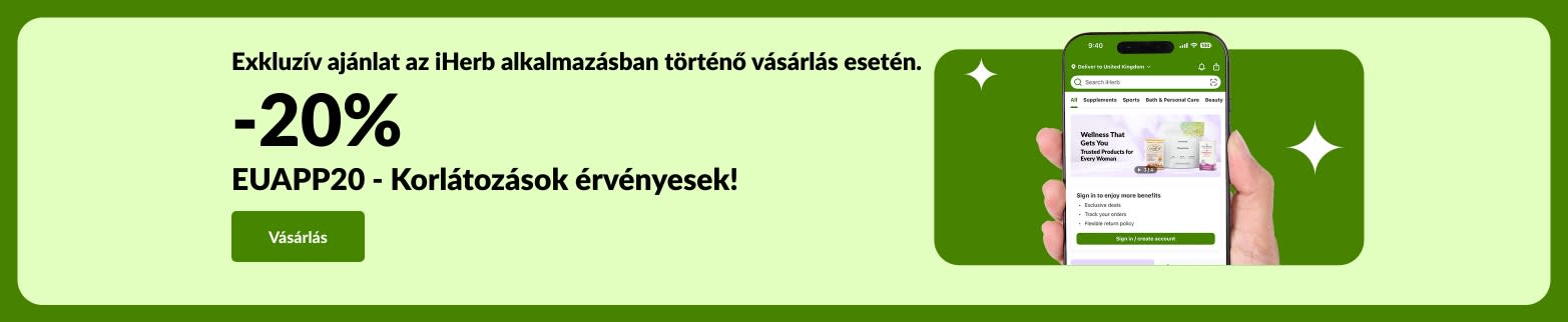 Az iHerb alkalmazás exkluzív kedvezményeket kínáló bannerje, amely 20% kedvezményt kínál a QR-kóddal és az EUAPP20 promóciós kóddal.