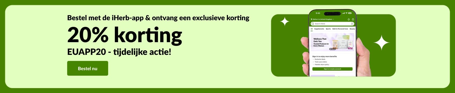 Exclusieve aanbiedingsbanner in de iHerb-app met 20% korting, inclusief QR-code en promotiecode EUAPP20.