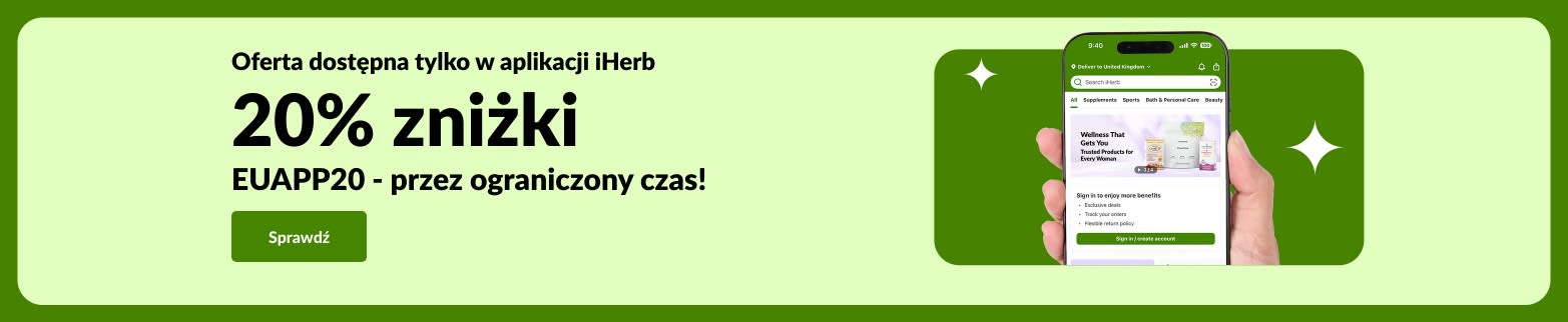 Baner promocyjny dostępny wyłącznie w aplikacji iHerb, informujący o 20% zniżki, z kodem QR oraz kod promocyjny EUAPP20