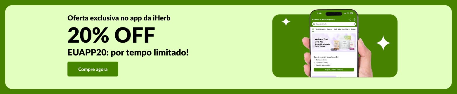 Banner com oferta exclusiva no app da iHerb: 20% OFF com QR code e código EUAPP20.