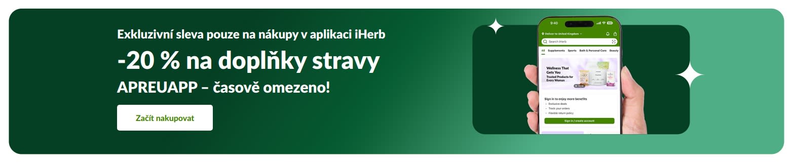 Banner propagující časově omezenou 20% slevu na nákup doplňků stravy v aplikaci iHerb s kódem APREUAPP.
