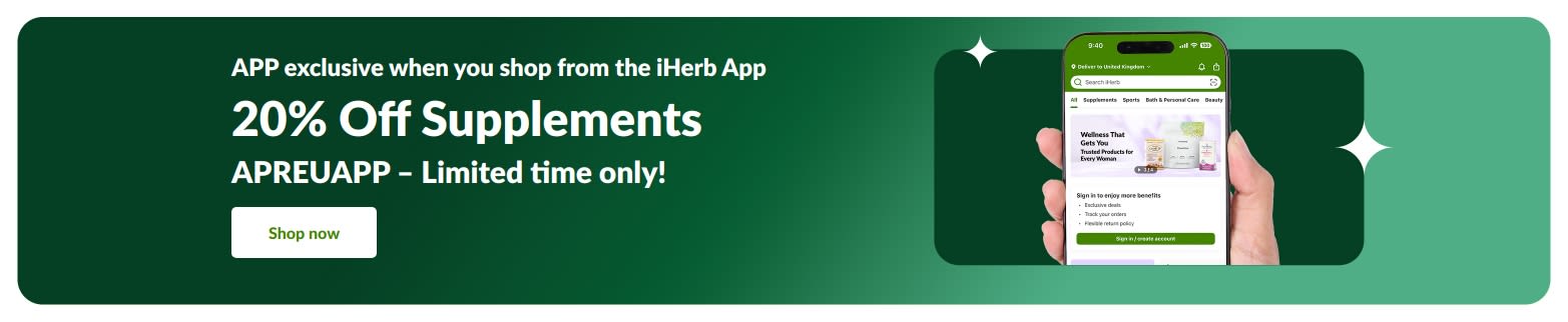 iHerb app promo banner offering 20% off supplements with code APREUAPP, limited time.