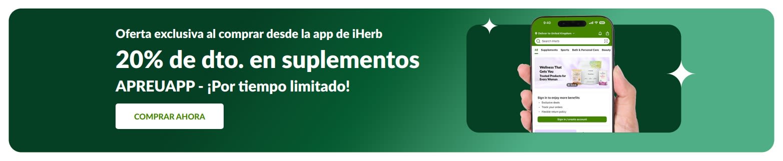 Banner del 20% de descuento en suplementos con el código APREUAPP, solo en la app de iHerb, por tiempo limitado.